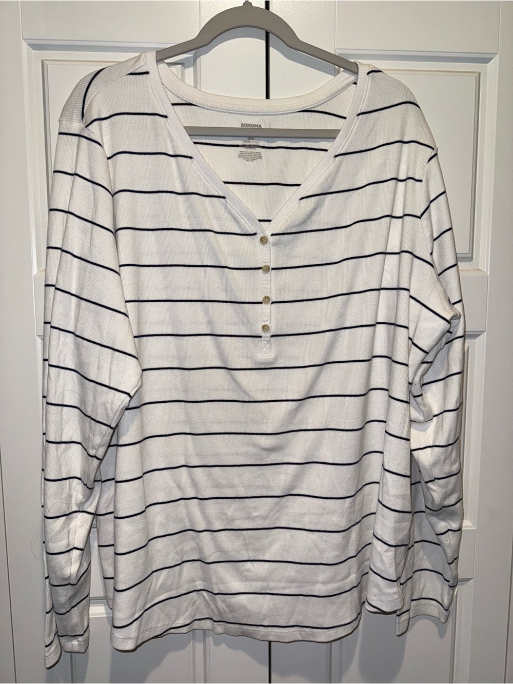 Sonoma White and Navy Striped Henley Long Sleeve Top